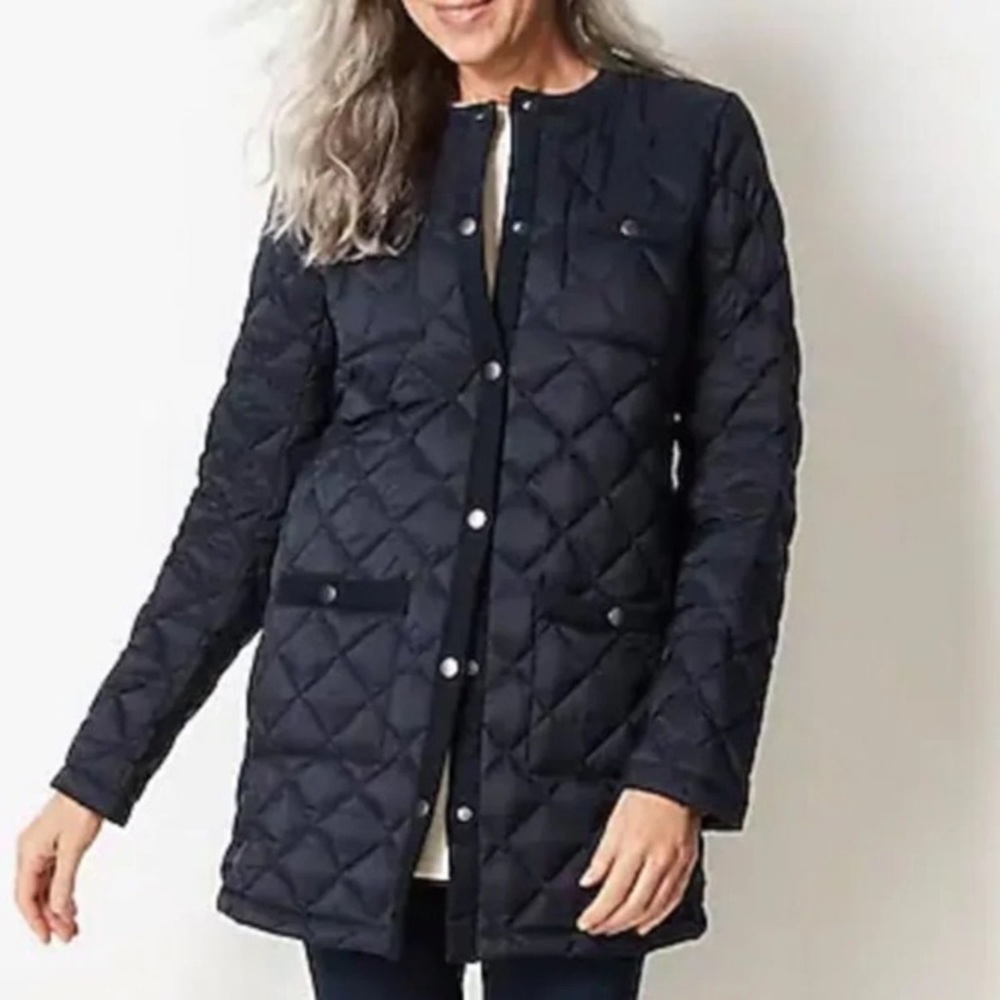 J Jill navy blue diamond quilted down puffer w/ corduroy trim, lightweight, XS